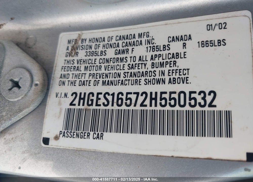 2002 HONDA CIVIC LX VIN: 2HGES16572H550532