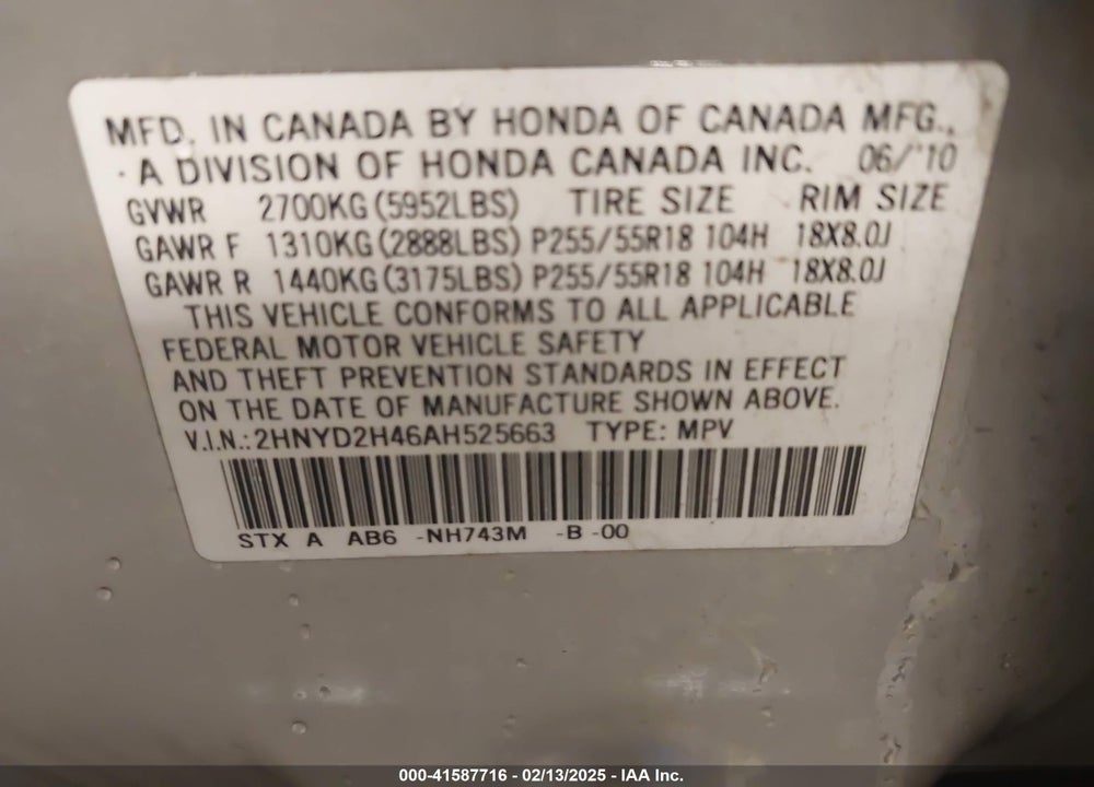 2010 ACURA MDX TECHNOLOGY PACKAGE VIN: 2HNYD2H46AH525663