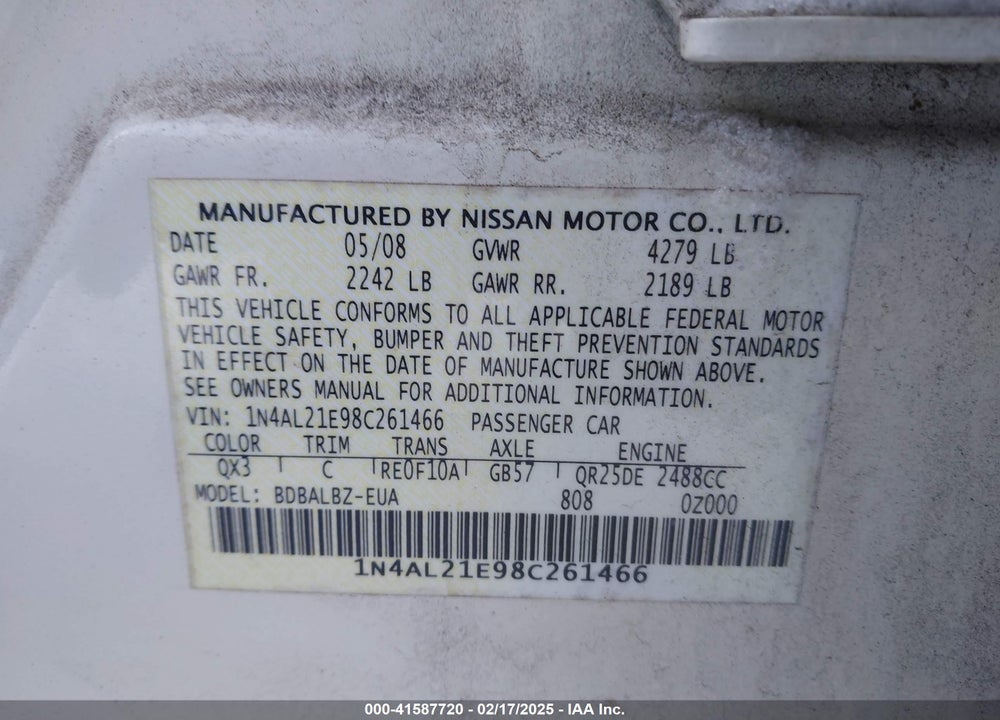 2008 NISSAN ALTIMA VIN: 1N4AL21E98C261466