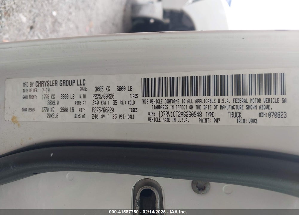 2010 DODGE RAM 1500 SLT/SPORT/TRX VIN: 1D7RV1CT2AS260948