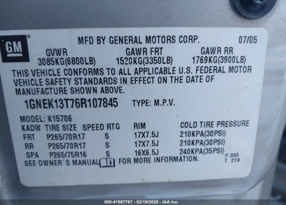 2006 CHEVROLET TAHOE Z71 VIN: 1GNEK13T76R107845