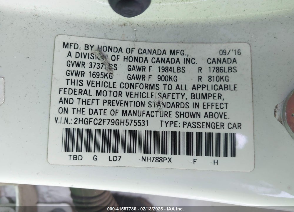 2016 HONDA CIVIC EX VIN: 2HGFC2F79GH575531