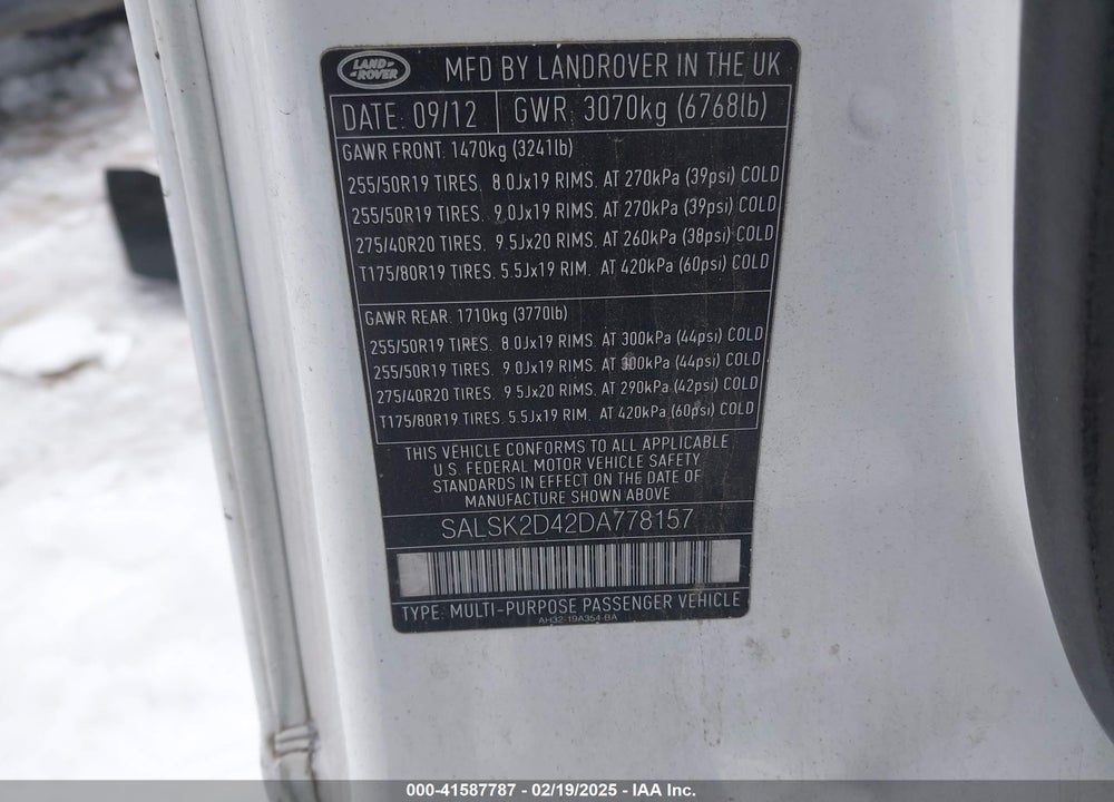 2013 LAND ROVER RANGE ROVER SPORT VIN: SALSK2D42DA778157