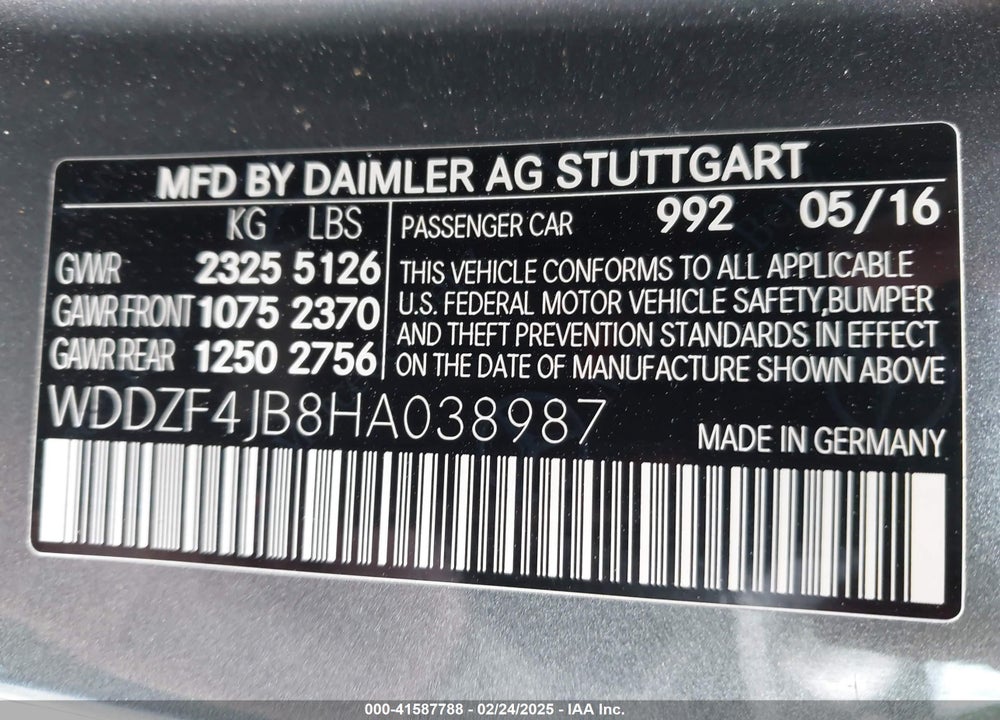 2017 MERCEDES-BENZ E 300 VIN: WDDZF4JB8HA038987