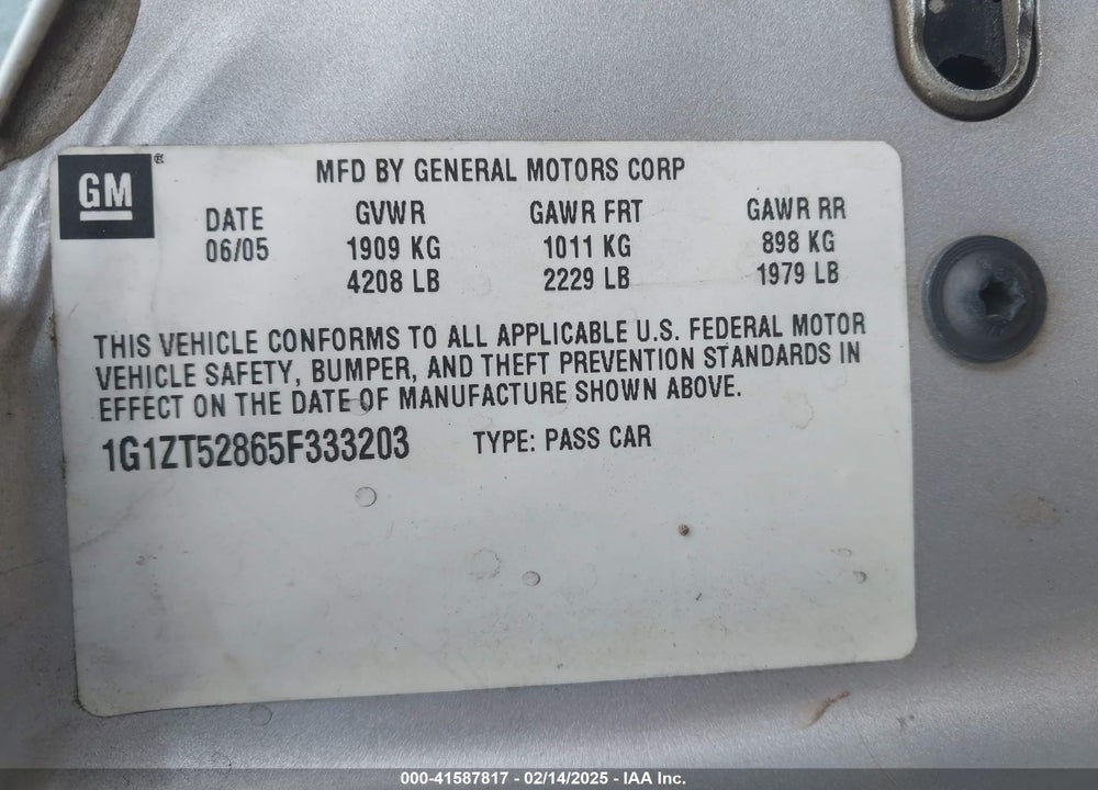 2005 CHEVROLET MALIBU LS VIN: 1G1ZT52865F333203