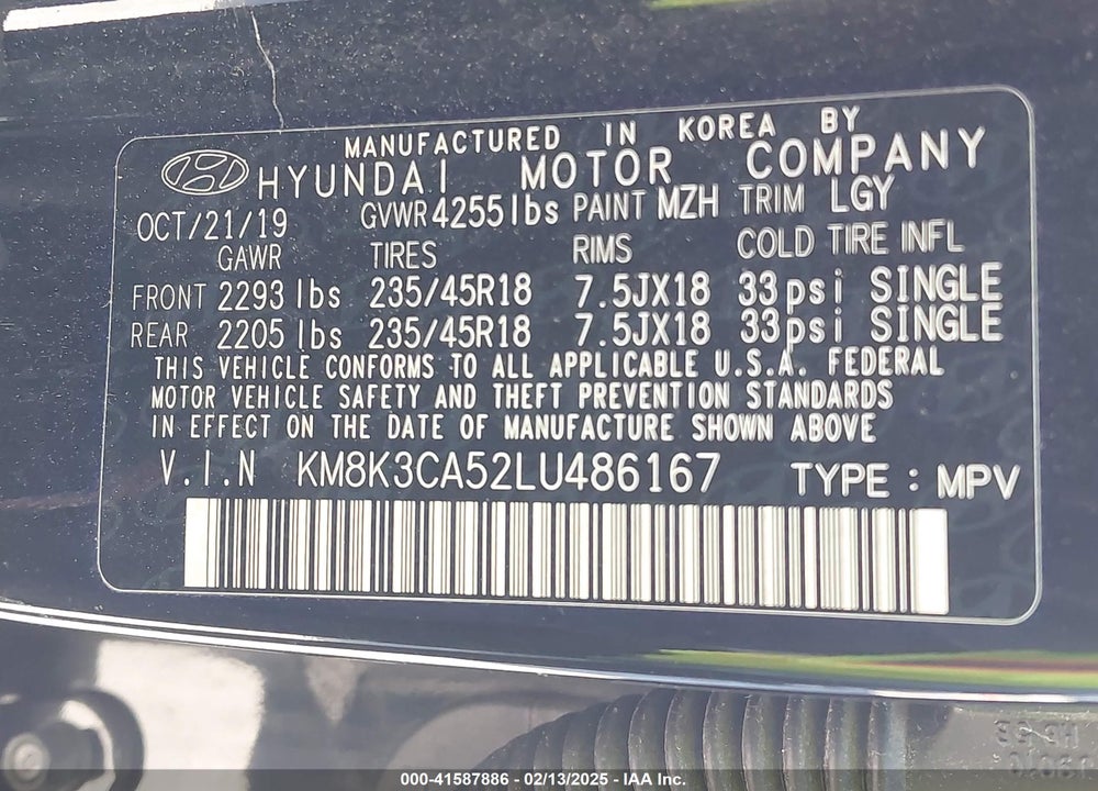 2020 HYUNDAI KONA LIMITED VIN: KM8K3CA52LU486167