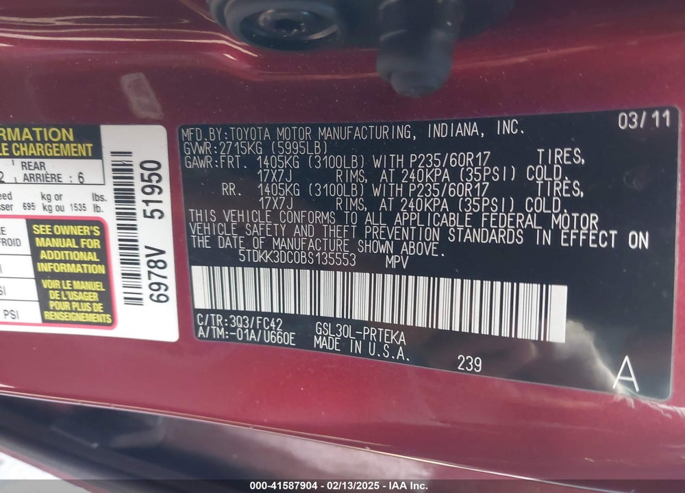 2011 TOYOTA SIENNA LE V6 VIN: 5TDKK3DC0BS135553