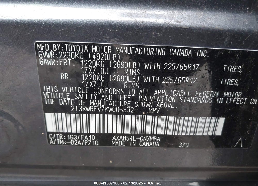 2019 TOYOTA RAV4 HYBRID XLE VIN: 2T3RWRFV7KW005532
