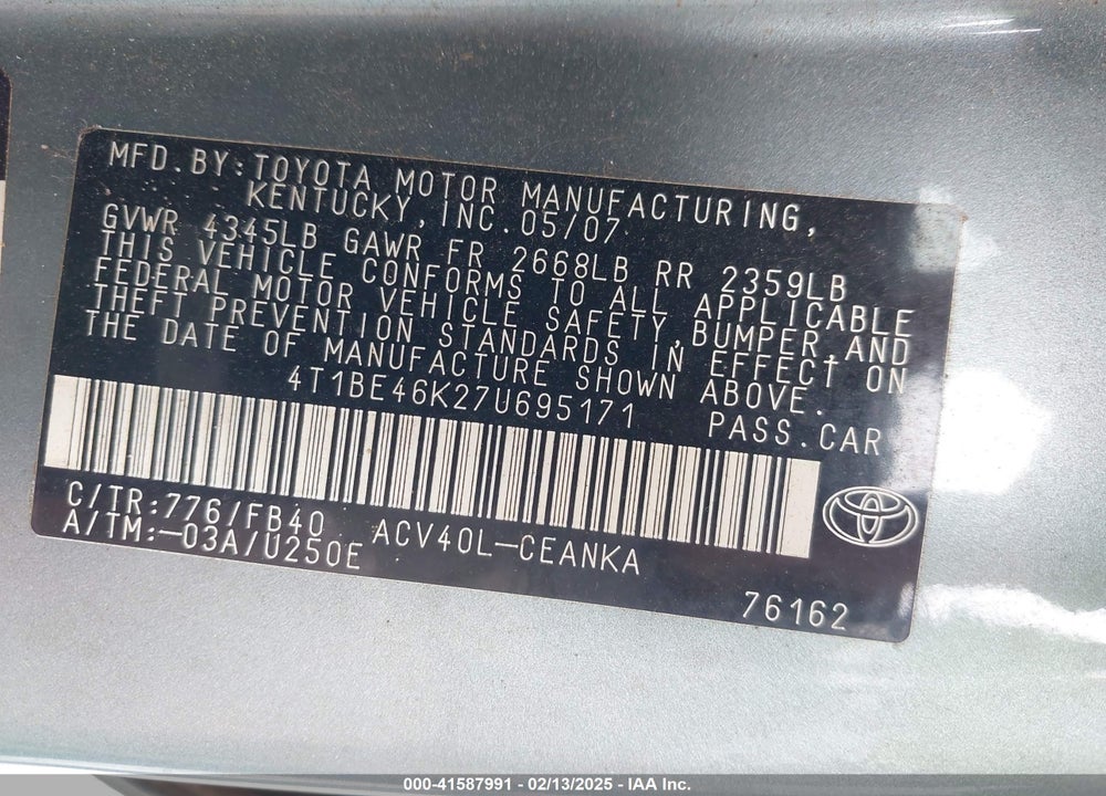 2007 TOYOTA CAMRY LE VIN: 4T1BE46K27U695171