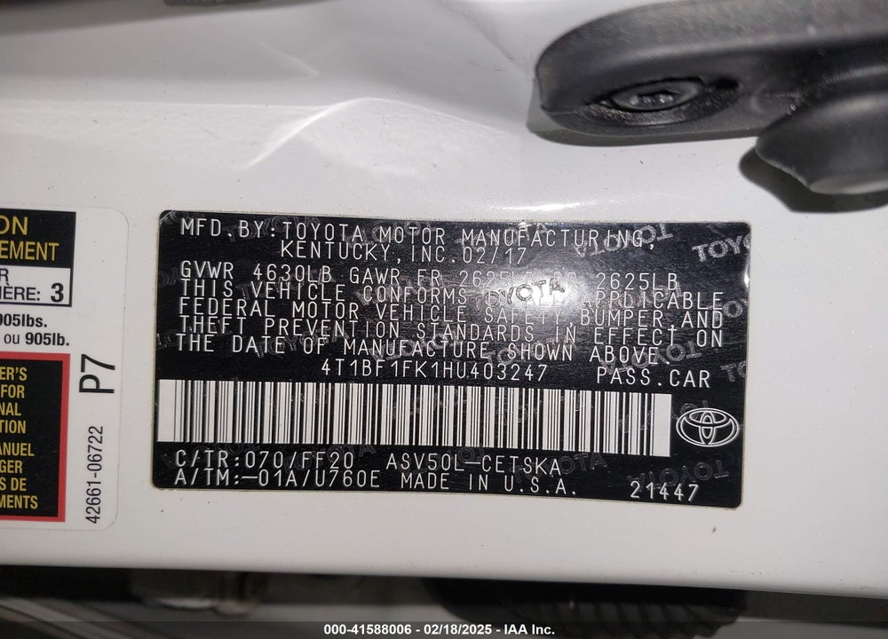 2017 TOYOTA CAMRY VIN: 4T1BF1FK1HU403247