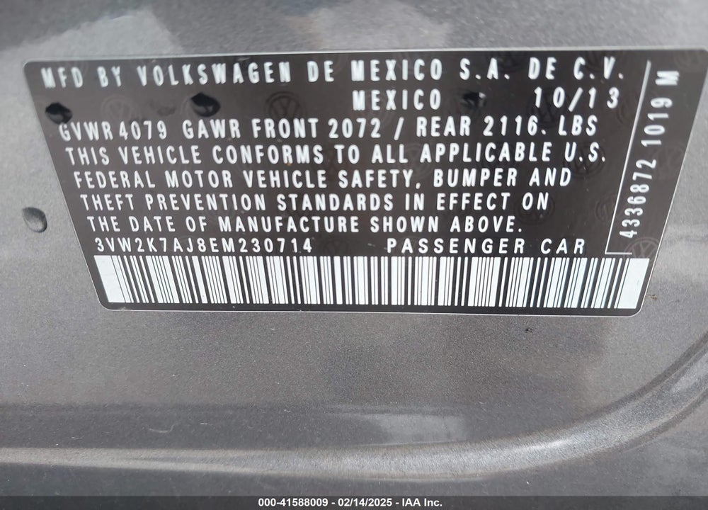 2014 VOLKSWAGEN JETTA VIN: 3VW2K7AJ8EM230714