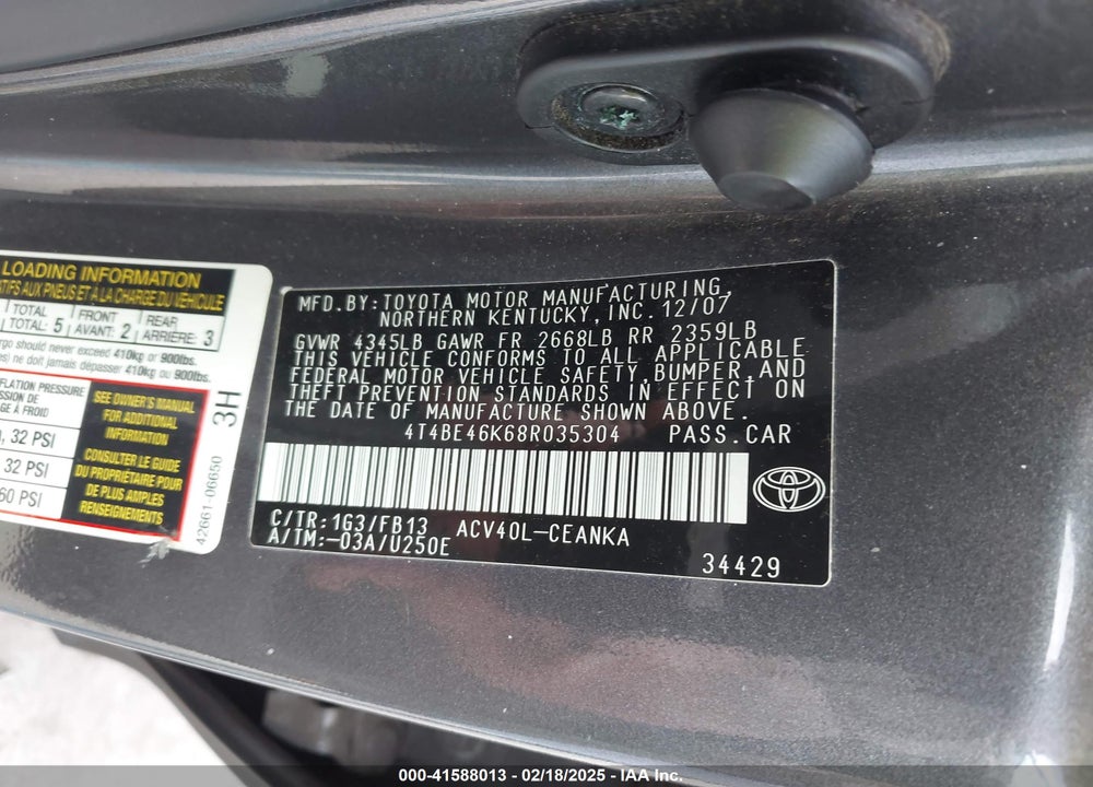2008 TOYOTA CAMRY VIN: 4T4BE46K68R035304