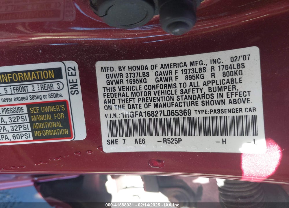 2007 HONDA CIVIC EX VIN: 1HGFA16827L065369