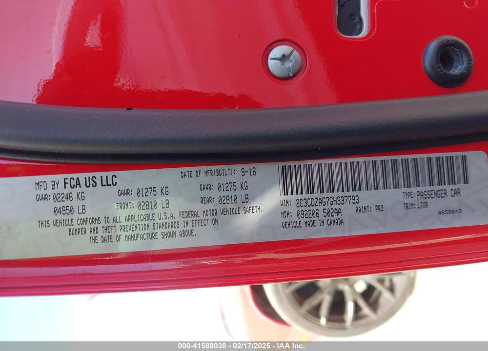 2016 DODGE CHALLENGER VIN: 2C3CDZAG7GH337793