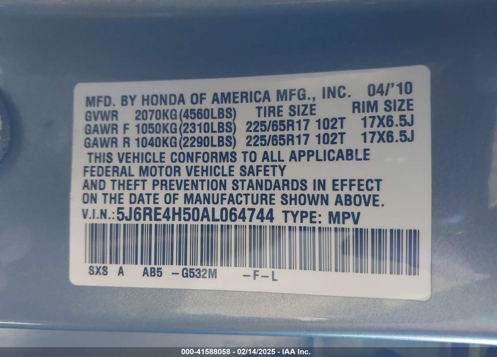 2010 HONDA CR-V EX VIN: 5J6RE4H50AL064744