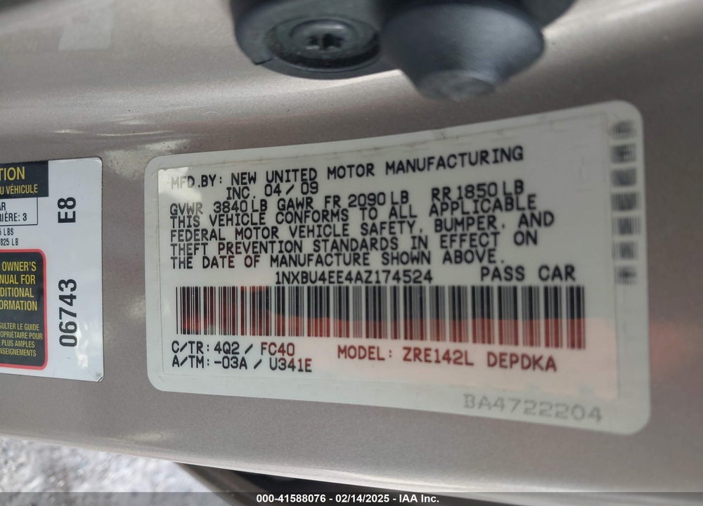 2010 TOYOTA COROLLA VIN: 1NXBU4EE4AZ174524