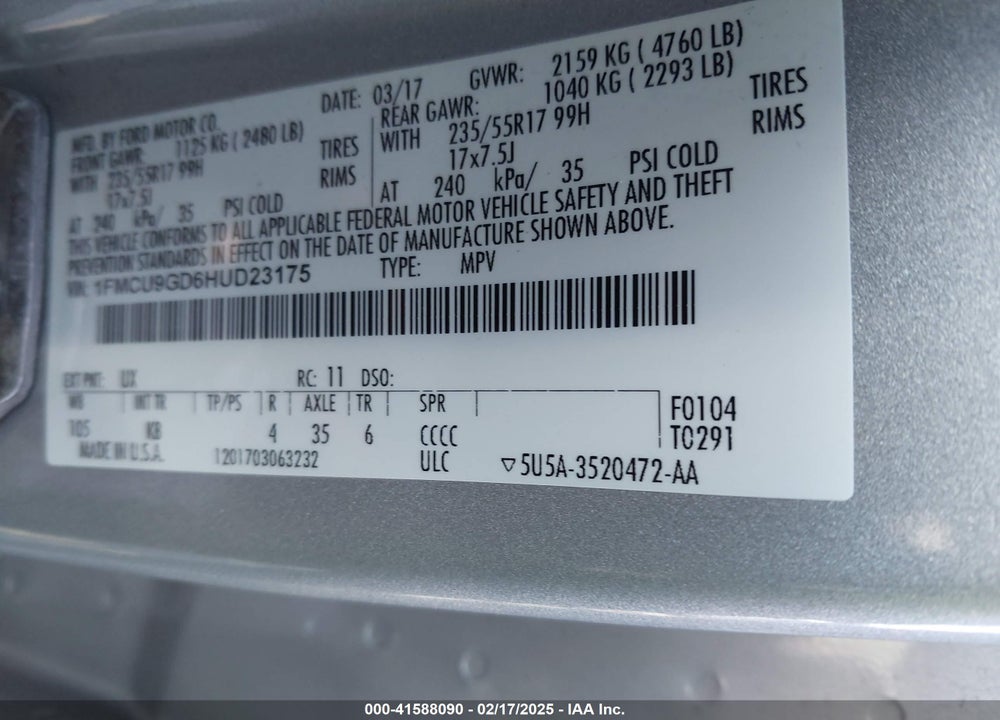 2017 FORD ESCAPE SE VIN: 1FMCU9GD6HUD23175