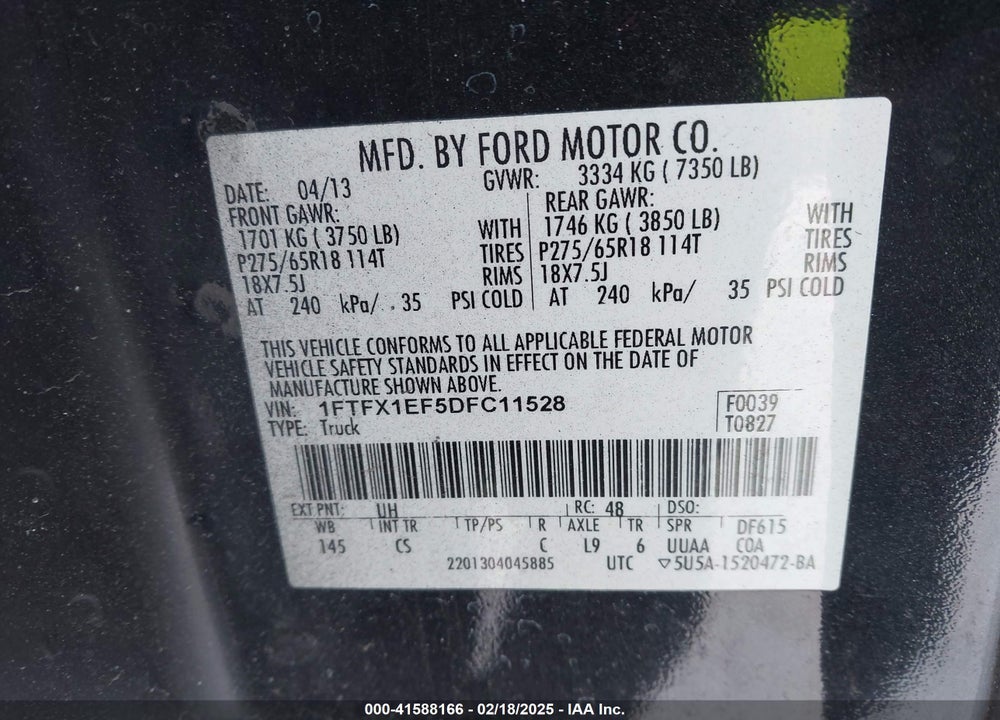 2013 FORD F-150 VIN: 1FTFX1EF5DFC11528