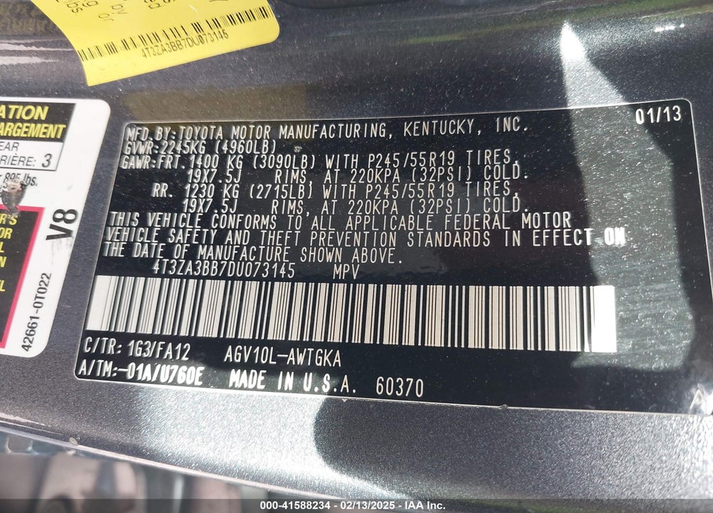 2013 TOYOTA VENZA LE VIN: 4T3ZA3BB7DU073145
