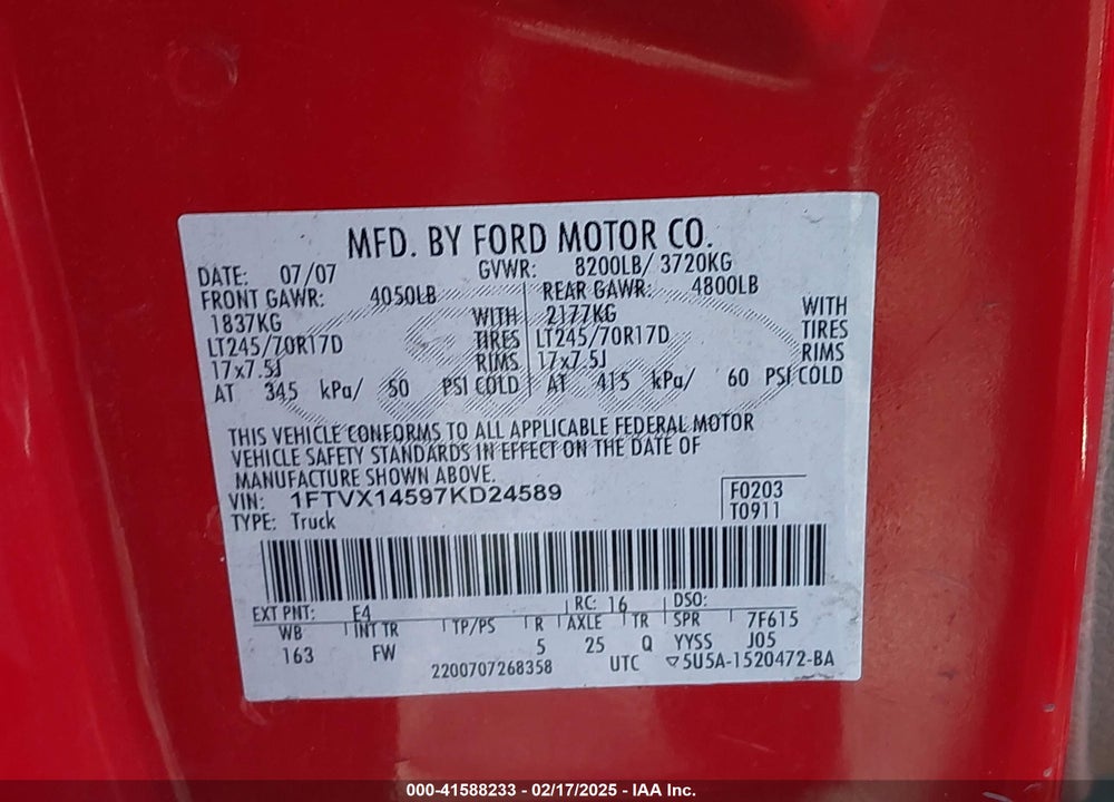 2007 FORD F-150 XL/XLT VIN: 1FTVX14597KD24589