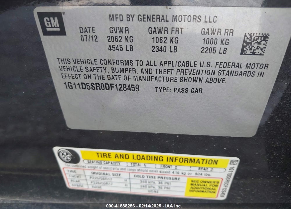 2013 CHEVROLET MALIBU VIN: 1G11D5SR0DF128459