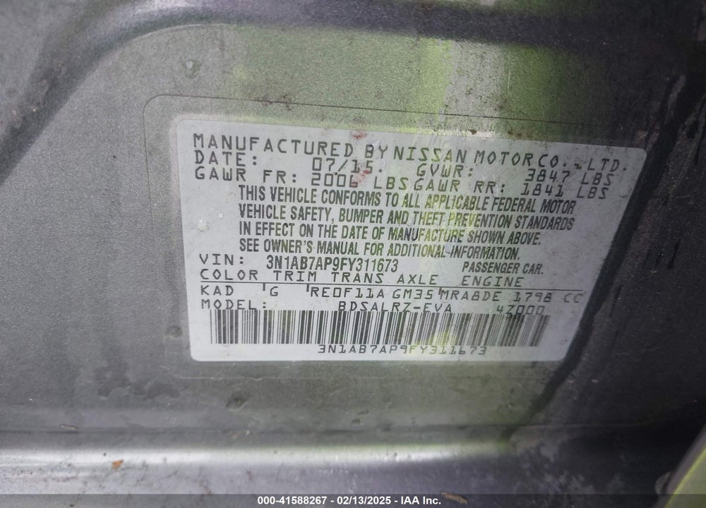 2015 NISSAN SENTRA SR VIN: 3N1AB7AP9FY311673