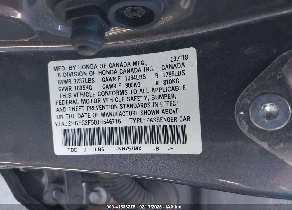 2018 HONDA CIVIC VIN: 2HGFC2F50JH546716