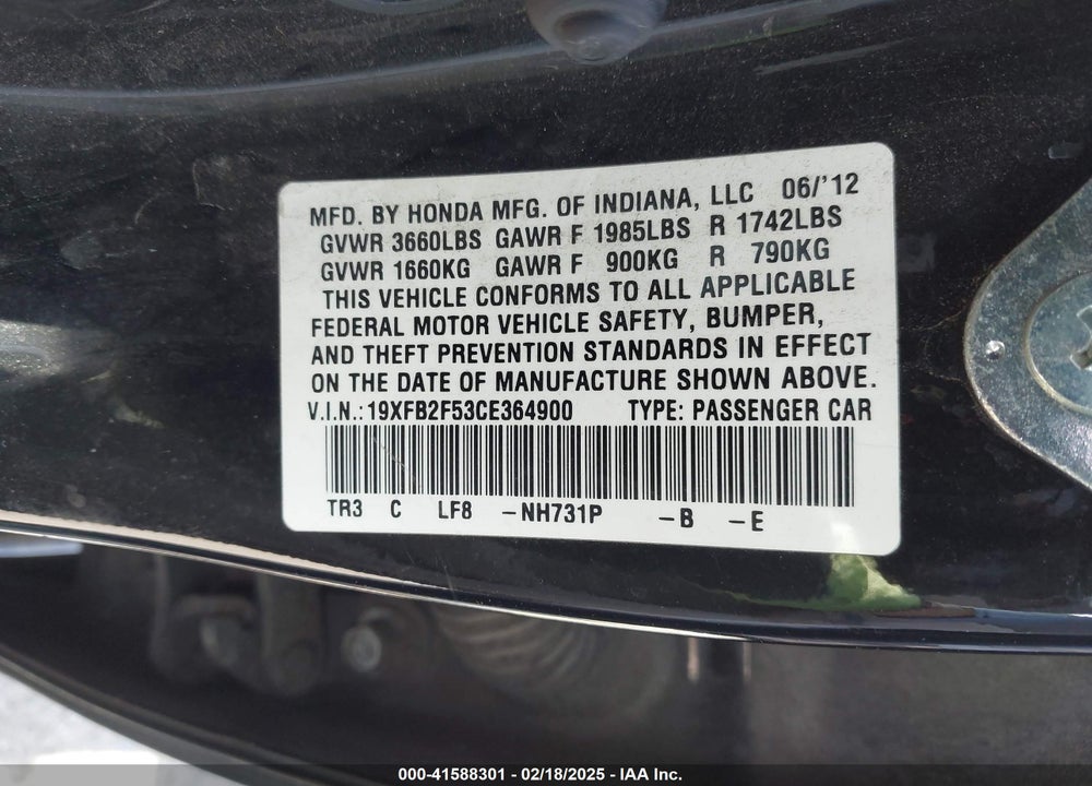 2012 HONDA CIVIC VIN: 19XFB2F53CE364900