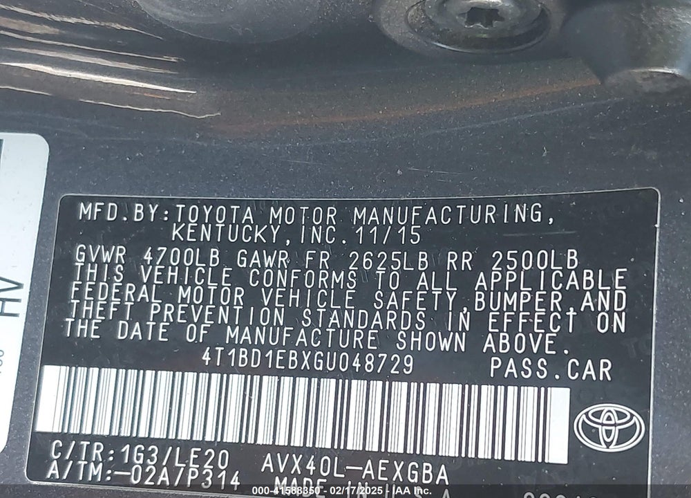 2016 TOYOTA AVALON VIN: 4T1BD1EBXGU048729