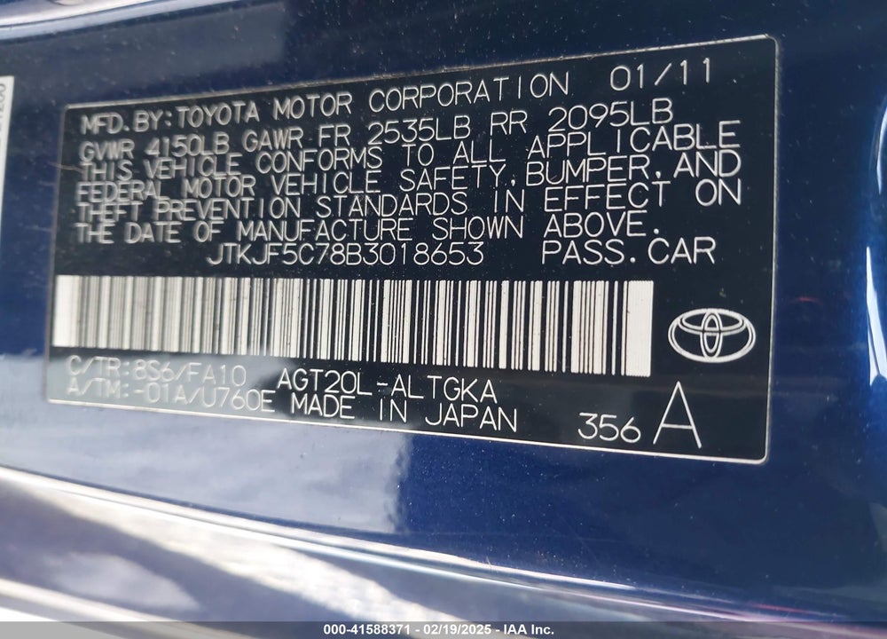 2011 SCION TC VIN: JTKJF5C78B3018653