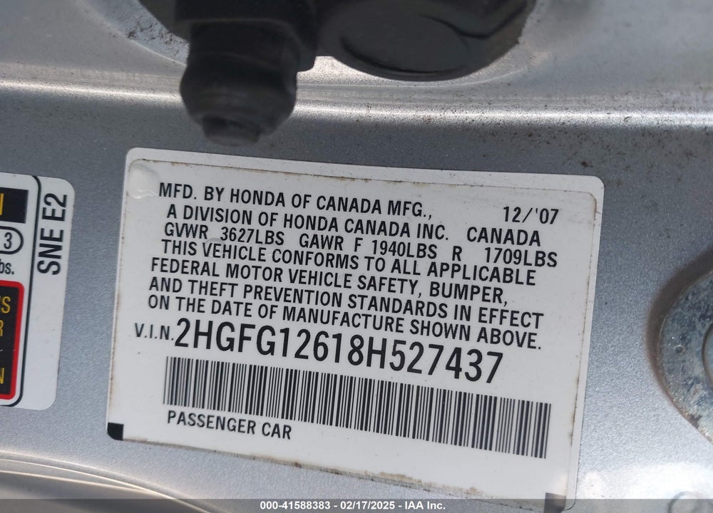 2008 HONDA CIVIC VIN: 2HGFG12618H527437