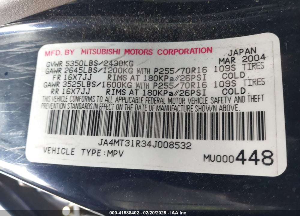 2004 MITSUBISHI MONTERO SPORT XLS VIN: JA4MT31R34J008532