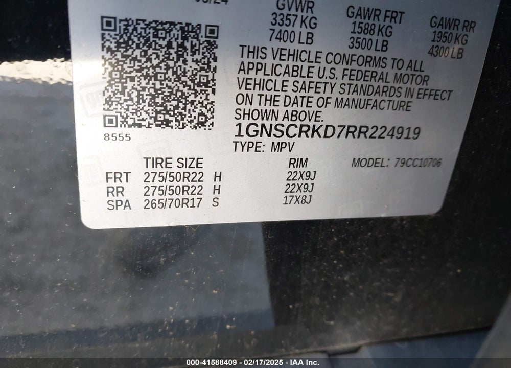 2024 CHEVROLET TAHOE VIN: 1GNSCRKD7RR224919