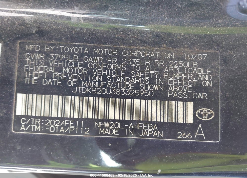 2008 TOYOTA PRIUS VIN: JTDKB20U383325950