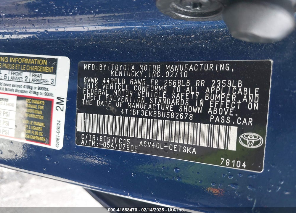 2011 TOYOTA CAMRY VIN: 4T1BF3EK6BU582678