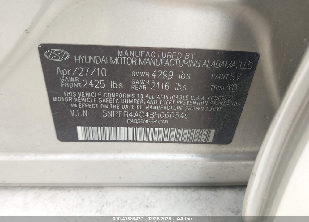 2011 HYUNDAI SONATA GLS VIN: 5NPEB4AC4BH060546