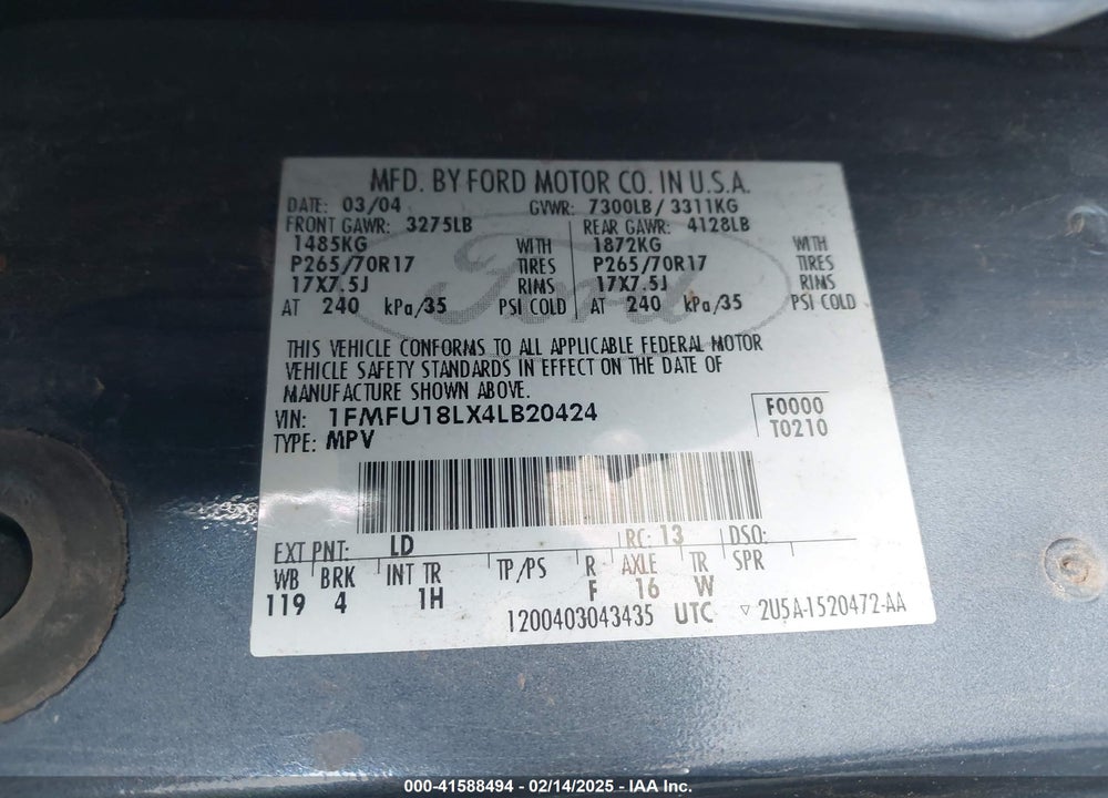 2004 FORD EXPEDITION EDDIE BAUER VIN: 1FMFU18LX4LB20424