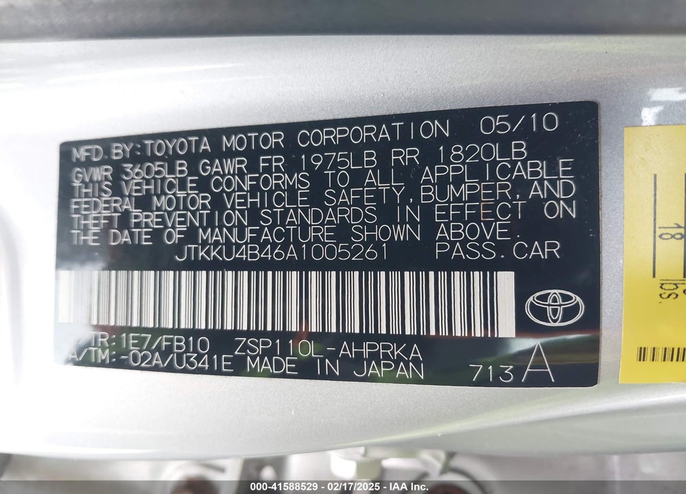 2010 SCION XD VIN: JTKKU4B46A1005261
