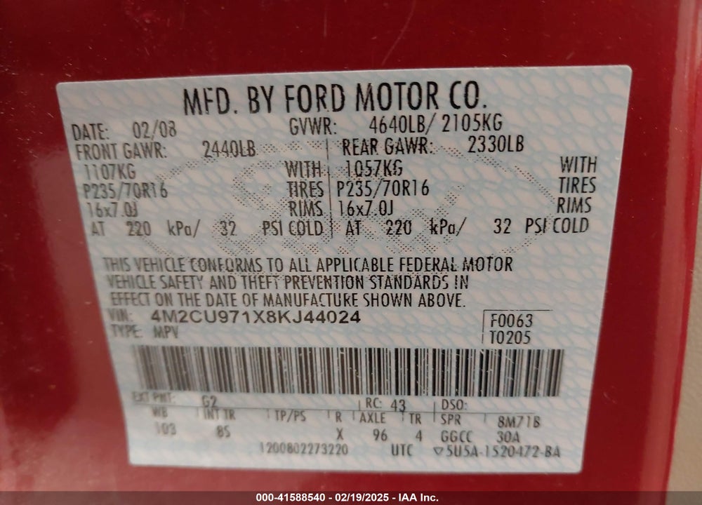 2008 MERCURY MARINER PREMIER VIN: 4M2CU971X8KJ44024