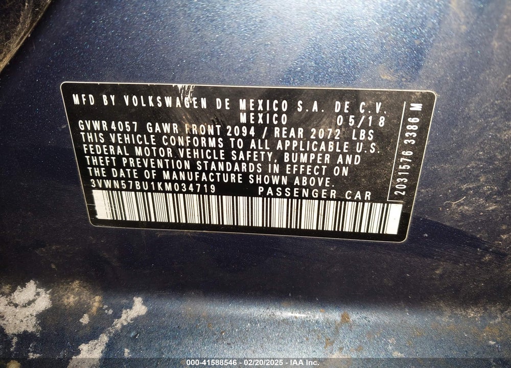 2019 VOLKSWAGEN JETTA VIN: 3VWN57BU1KM034719