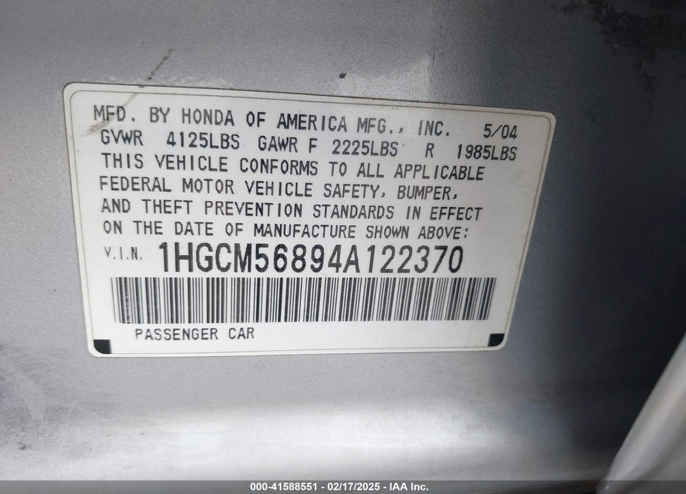 2004 HONDA ACCORD 2.4 EX VIN: 1HGCM56894A122370