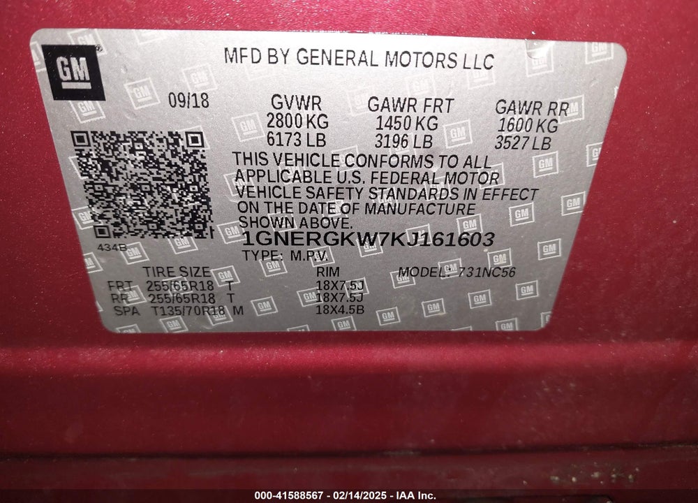 2019 CHEVROLET TRAVERSE 1LT VIN: 1GNERGKW7KJ161603