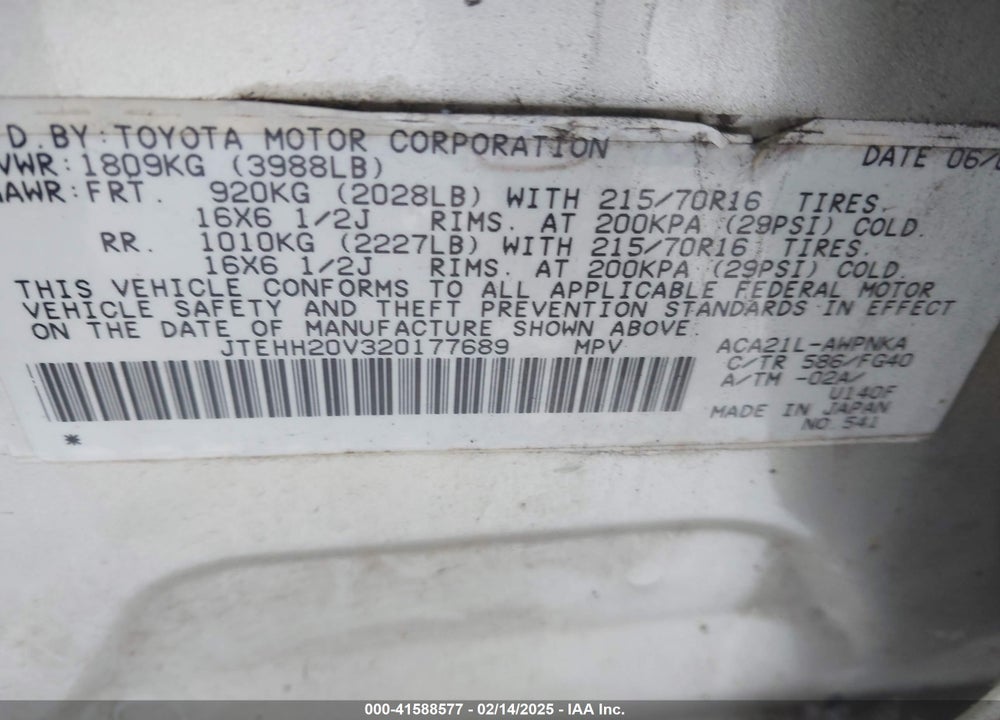 2002 TOYOTA RAV4 VIN: JTEHH20V320177689