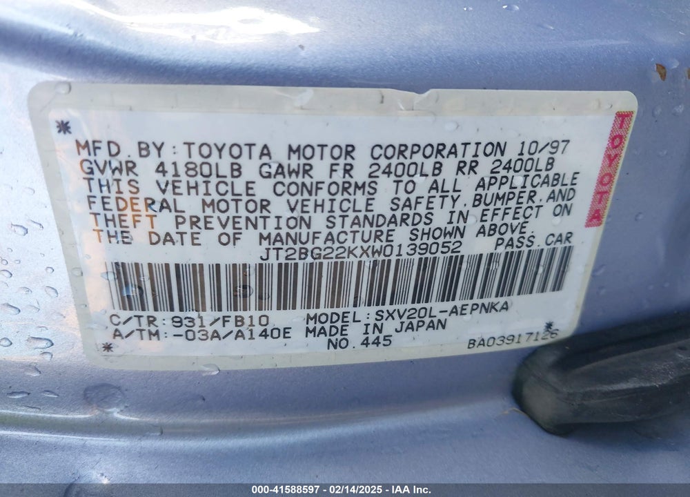 1998 TOYOTA CAMRY VIN: JT2BG22KXW0139052