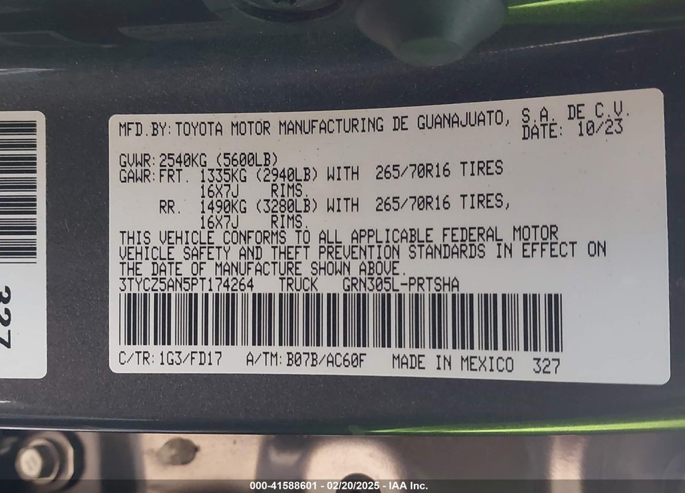 2023 TOYOTA TACOMA VIN: 3TYCZ5AN5PT174264