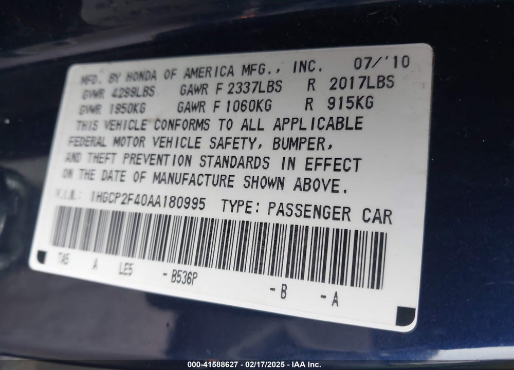 2010 HONDA ACCORD VIN: 1HGCP2F40AA180995