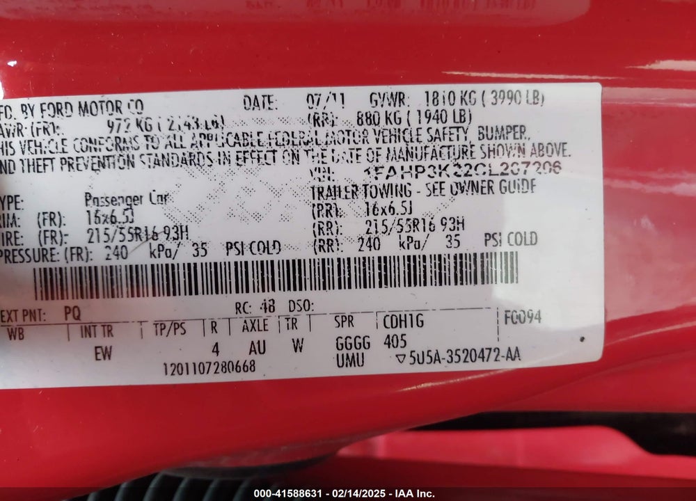 2012 FORD FOCUS VIN: 1FAHP3K22CL207206