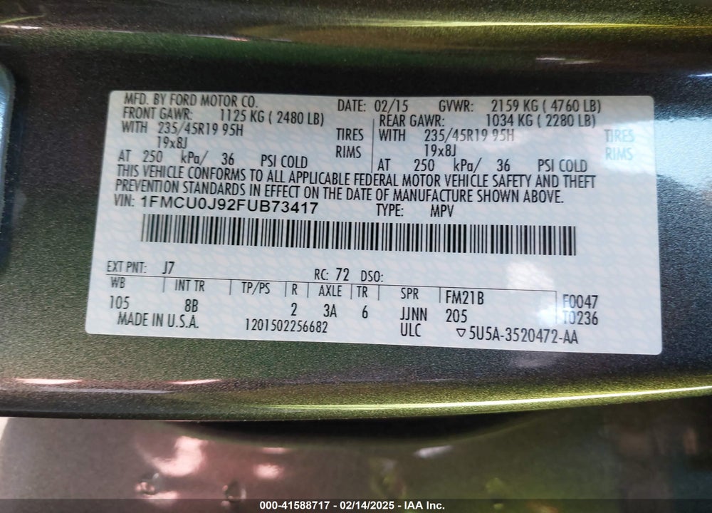 2015 FORD ESCAPE TITANIUM VIN: 1FMCU0J92FUB73417
