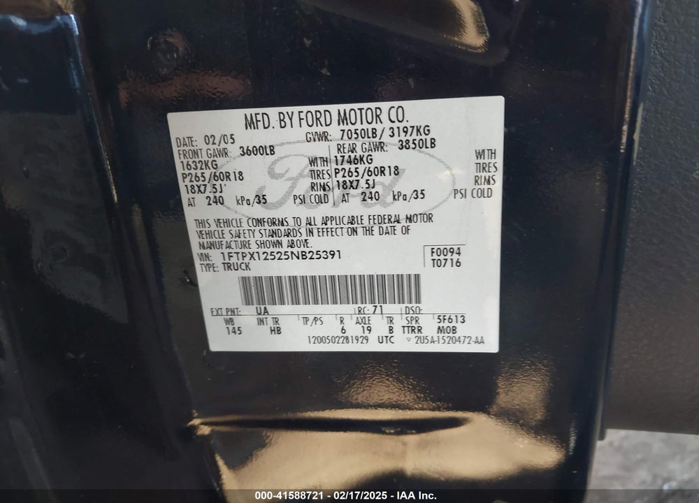 2005 FORD F-150 VIN: 1FTPX12525NB25391