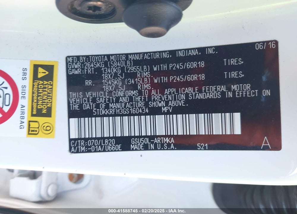 2016 TOYOTA HIGHLANDER VIN: 5TDKKRFH3GS160434